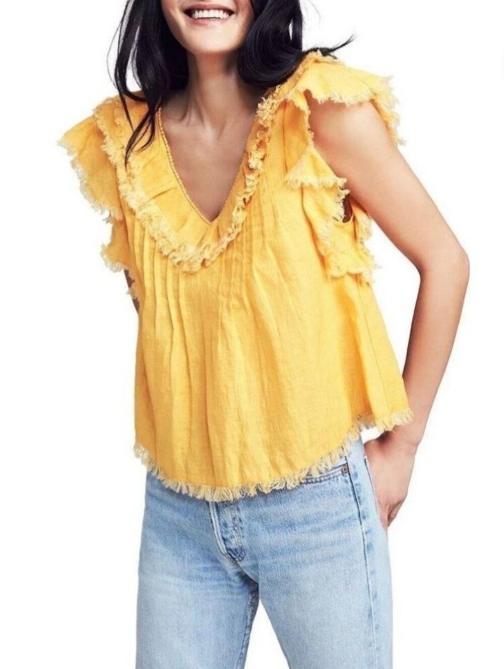 Faherty Yosepha Linen Top Blouse Ruffles Raw Edge Summer Sz S - Picture 2 of 7